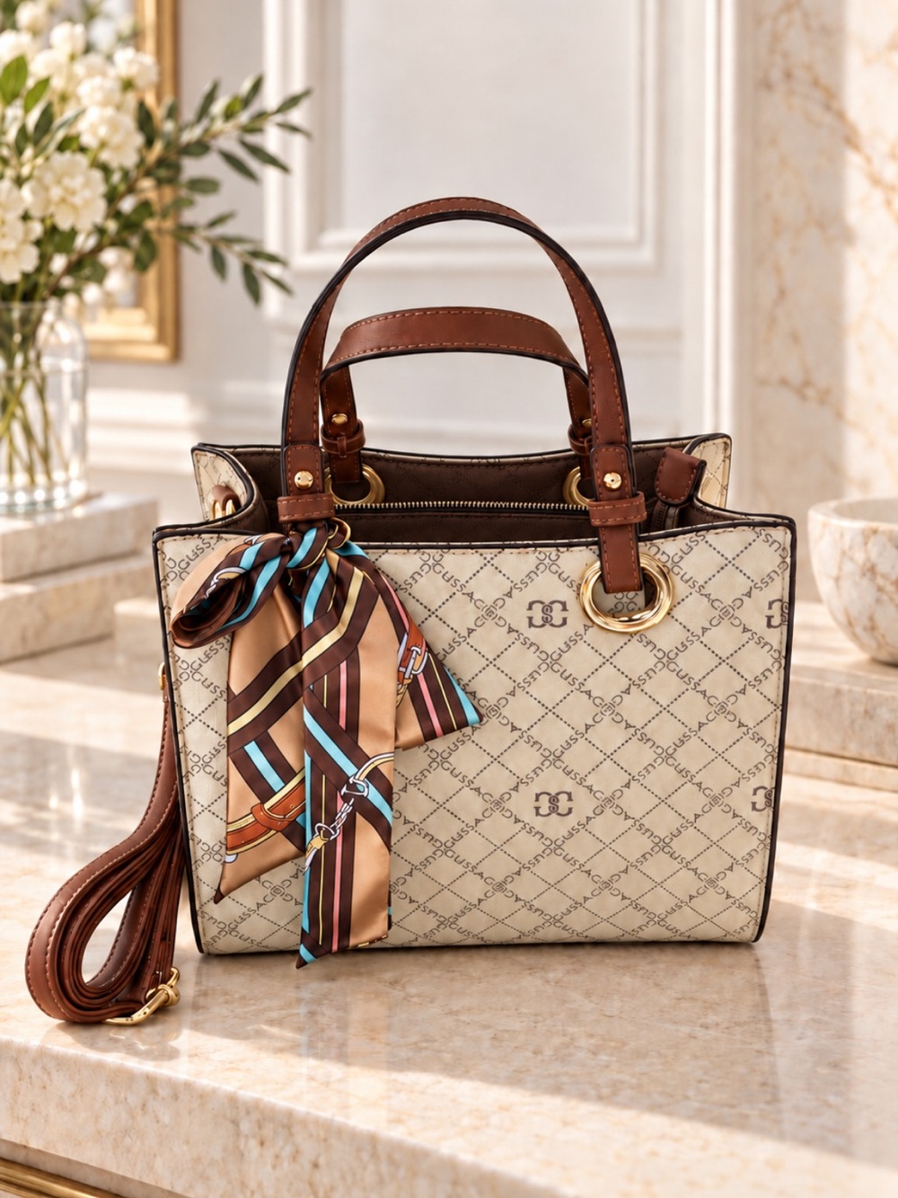 Gorgeous Cream & Brown Patterned Crossbody Satchel with Scarf Accent❤️